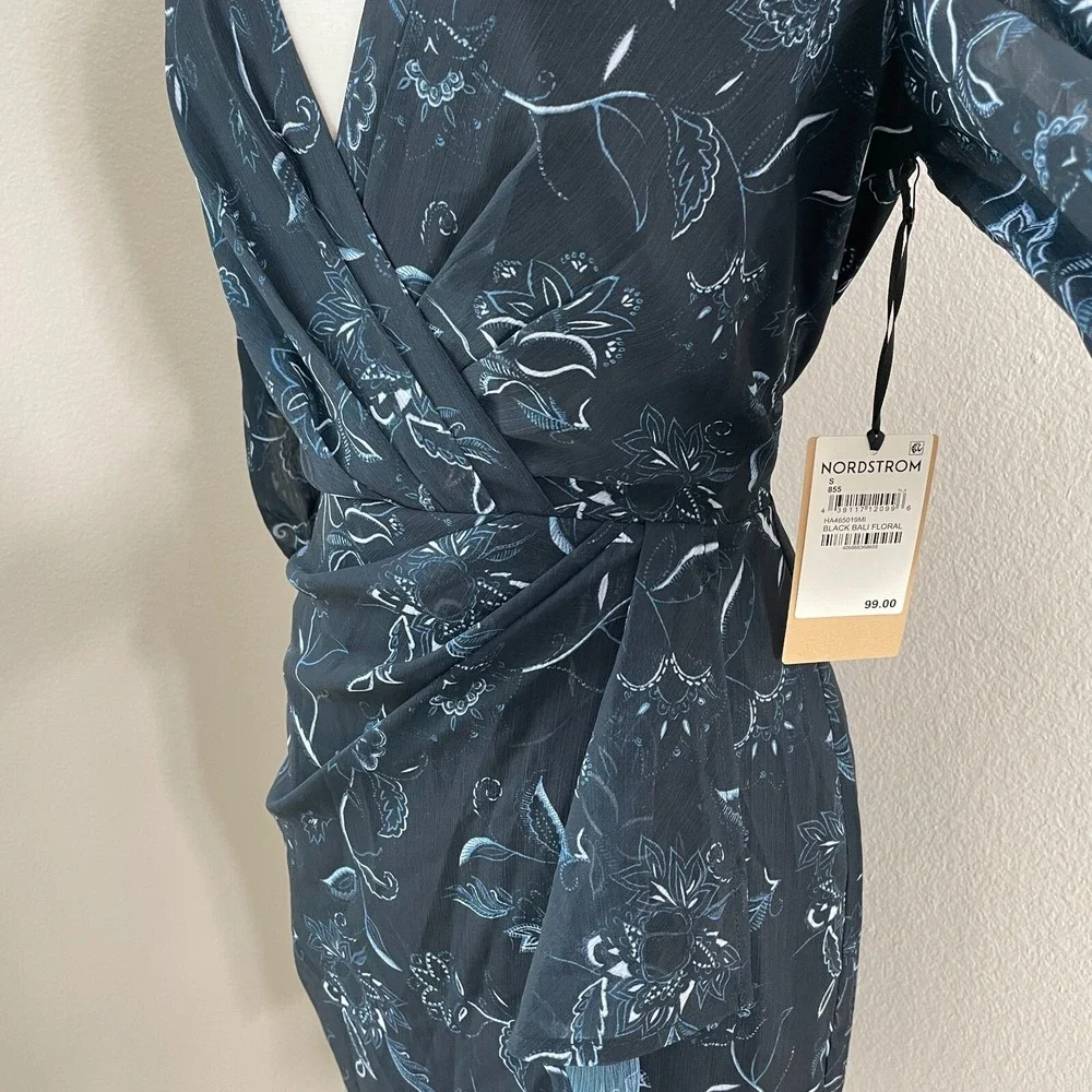 NEW $99 Halogen Womens Small Faux Wrap Floral Dress Chiffon In Bali Black‎